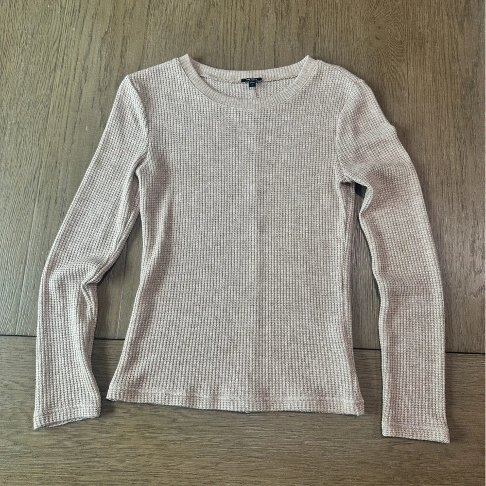 Express Glitter Waffle Fitted Crew Neck Long Sleeve Top Size Small Beige - Picture 3 of 8